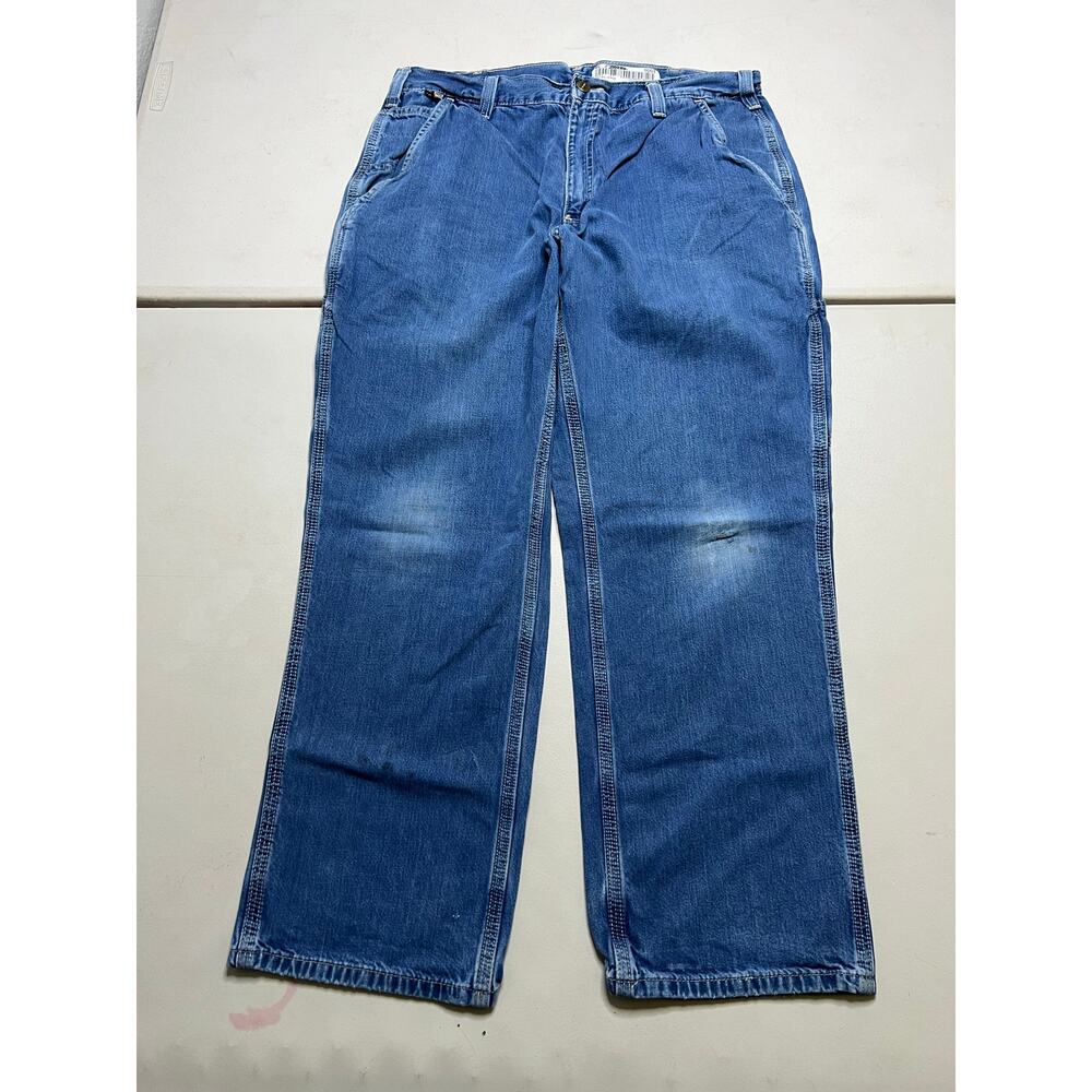 Carhartt FR Jeans Mens 36x30 Blue Denim Carpenter Utility distress Actual 34x28 - Picture 2 of 10